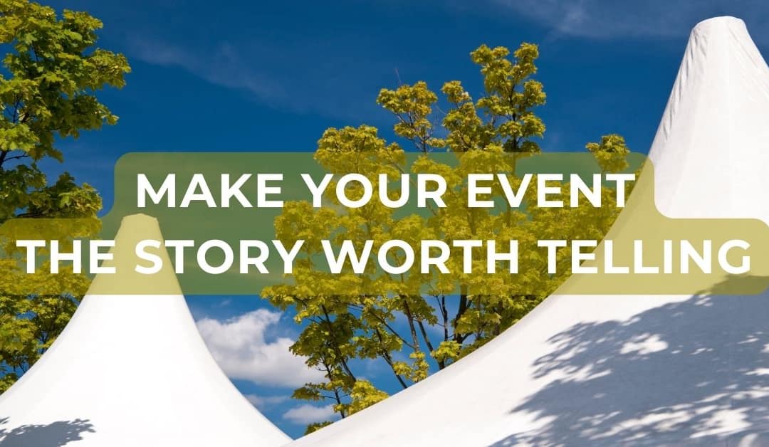 2 white canvas marquee tent peaks set against a blue sky and trees
