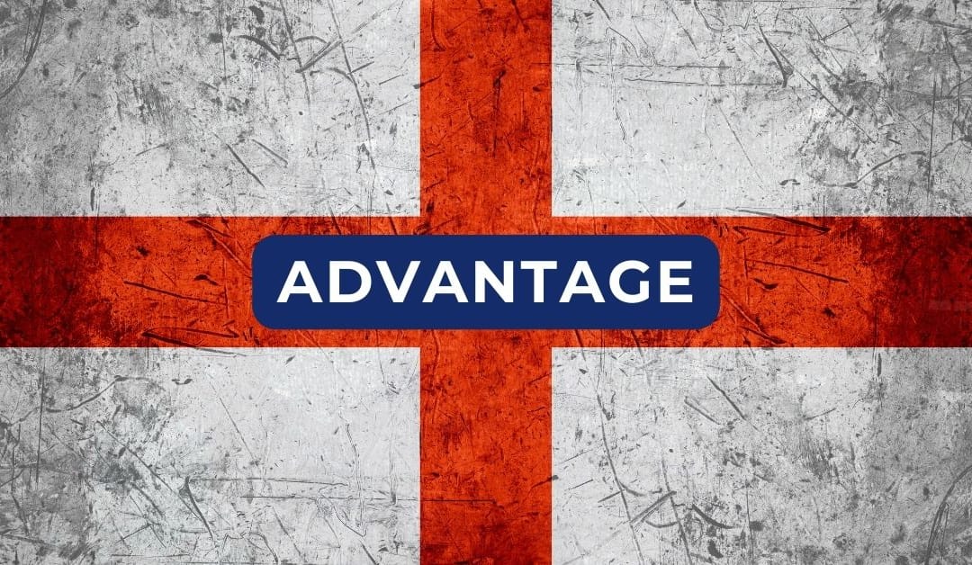 Archaic St George's cross flag with the word advantage written across it