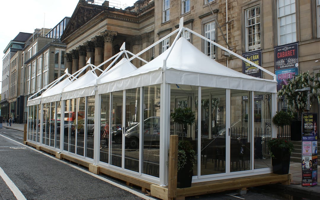 Purvis Marquees, restaurants, street dining, giulio barbieri, sliding glass sides, joined pagodas