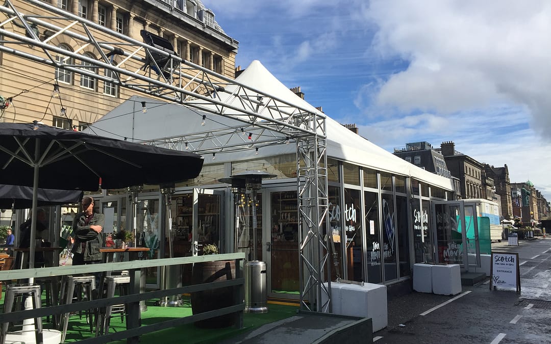 Purvis Marquees, bar, festival, fringe, venue, events, peaked roof, glazing, truss, outdoor area, festoon lighting